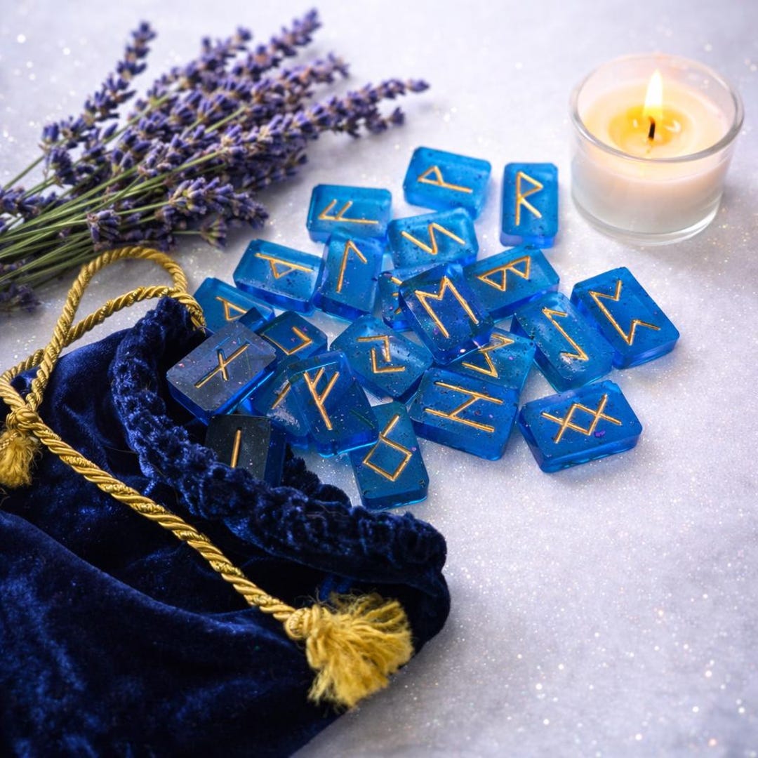 Navy Blue Resin Runes Set – Elder Futhark Divination With Velvet Pouch ...