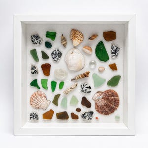 Green Sea Glass Shadow Box, Sea Shell Wall Art, Coastal Wall Decor, Sea Pottery Display, Beach House Decor, The Wonder Almanac