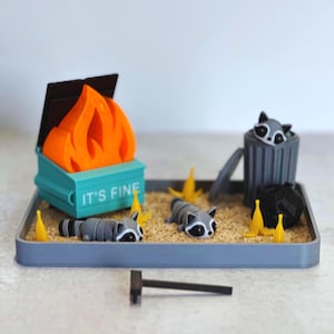 Illuminated Dumpster Fire Zen Garden: Trash Pandas or Raccoons, Mini Desk Decor