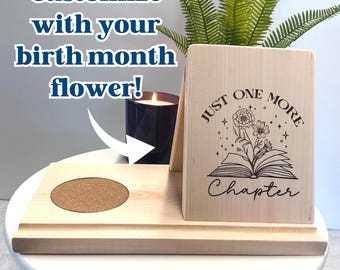 Soporte de madera personalizado para libros, ramo de flores del mes de nacimiento, decoración para la lectura, regalo para amantes de los libros.
