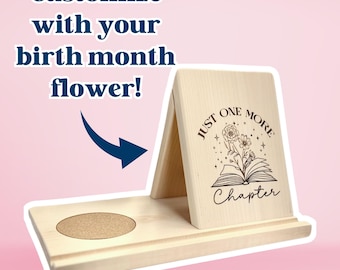 Personalized Wooden Book Holder, Birth Month Flower Bouquet Engraved, Reading Decor