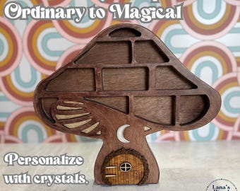 Estante de madera con forma de hongo y luna creciente dorada: decoración natural personalizable