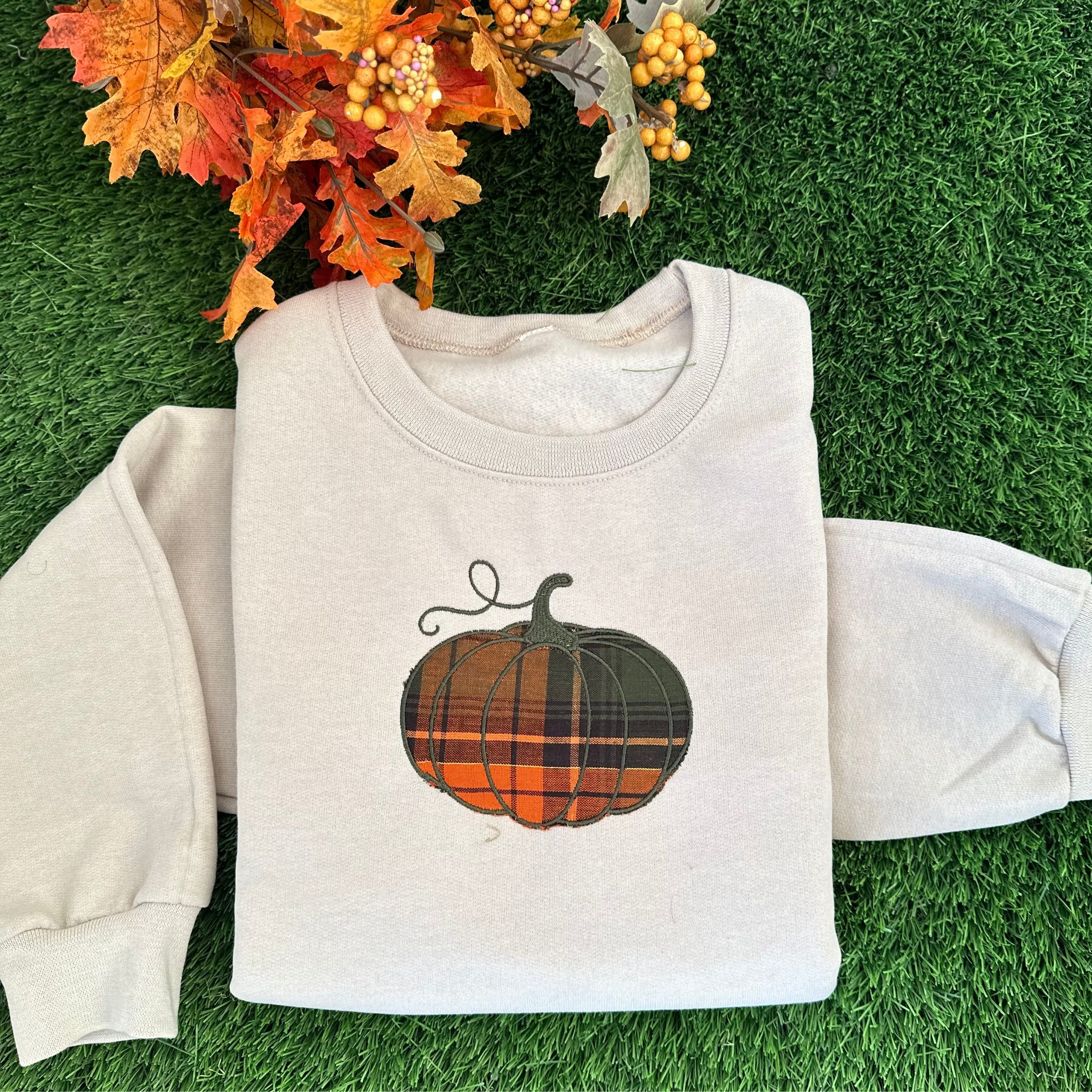 Discover Embroidered Pumpkin Plaid Applique Sweatshirt, Halloween Crewneck Sweatshirt, Halloween Sweater, Spooky Season