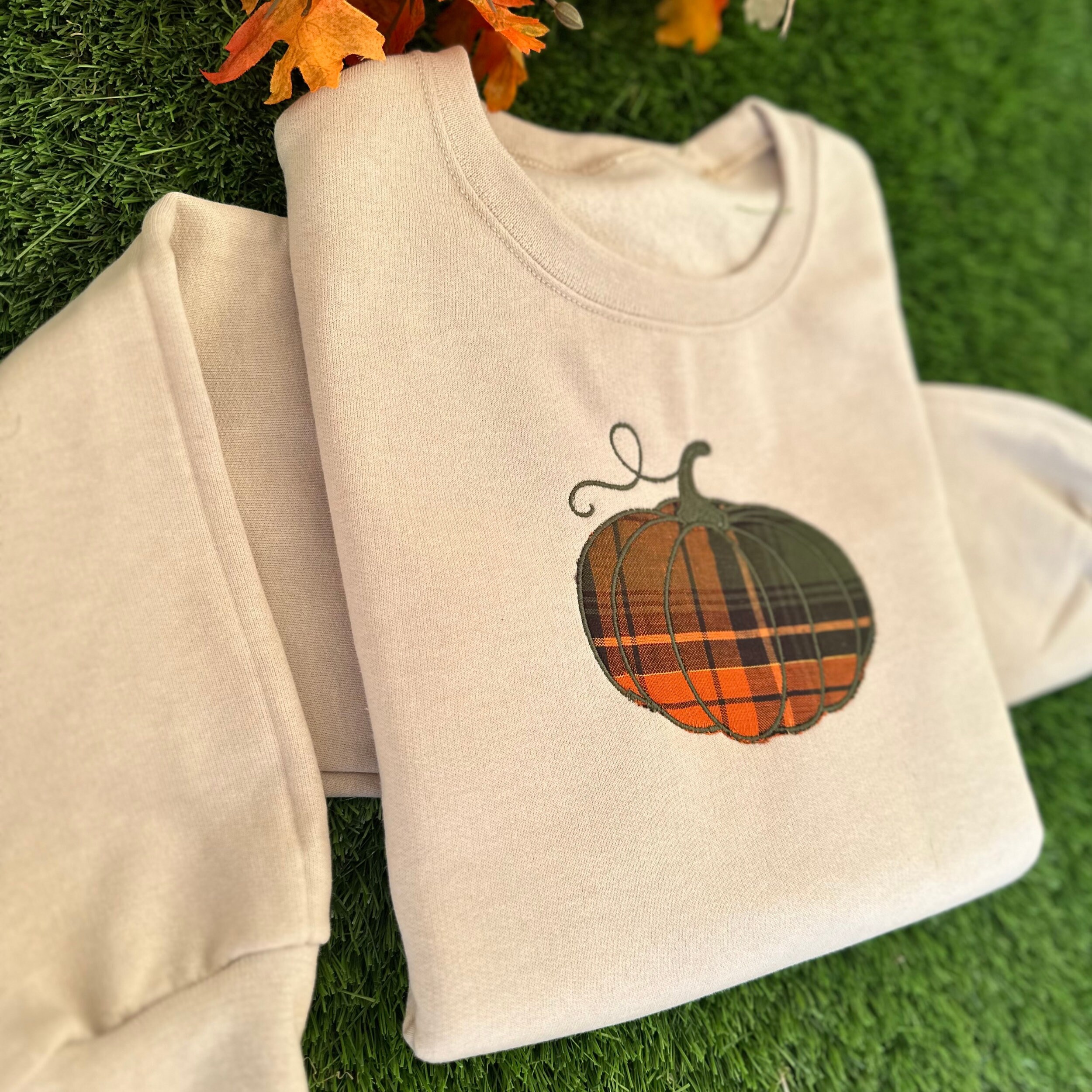 Discover Embroidered Pumpkin Plaid Applique Sweatshirt, Halloween Crewneck Sweatshirt, Halloween Sweater, Spooky Season