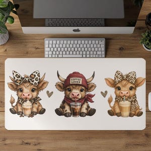 Highland Cow Desk Mat, Coffee Addict Highland Cow Mousepad, Cute Desk Accessories, Cow Lover Desk Pad, Girly Mousepad, Aesthetic Desk Decor