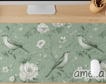 Green Toile Personalized Desk Mat, Floral Bird Desk Pad, Custom Name Desk Mat, Botanical Mousepad, Cottagecore Desk Accessories, XL Desk Mat