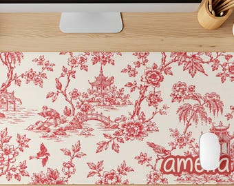 Red Toile Personalized Desk Mat, Japanese Garden Pagoda Mousepad, Floral Desk Pad, Bird Mousepad, Custom Name Desk Mat, Botanical Mousepad