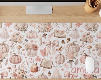 Personalized Cozy Fall Desk Mat, Autumn Mouse Pad, Pumpkin Mousepad, Ghost Desk Accessories, Coquette Desk Pad, Cozy Gamer Desk Mat