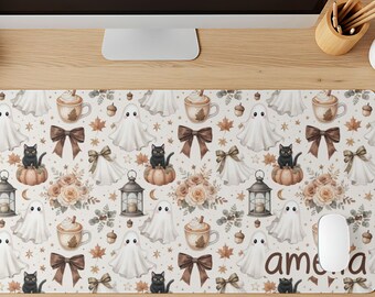 Personalized Girly Halloween Desk Mat, Ghost Desk Accessories, Spooky Desk Decor, Coquette Desk Accessories, Spooky Mouse Pad, XL Desk Mat
