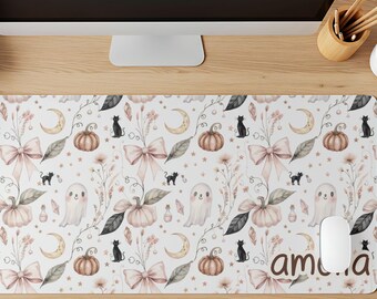 Personalized Cozy Autumn Desk Mat, Fall Mouse Pad, Pumpkin Mousepad, Ghost Desk Accessories, Coquette Desk Pad, Black Cat Desk Mat