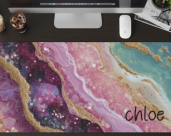 Personalized Pink Agate Geode Desk Mat, Colorful Desk Mat, Boho Desk Decor, Cottagecore Desk Decor, Artistic Mousepad, Cute Office Decor