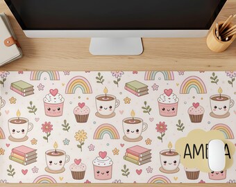 Kawaii Candle and Books Personalized  Deskmat, Kawaii Desk Mat 3 Feet, Gamer Girl Desk Mat, Custom Deskpad, Cottagecore Mousepad