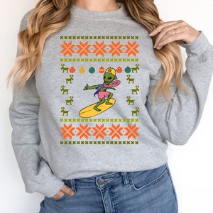 Funny Alien Surfing Ugly Christmas Sweater: Holiday Party Sweatshirt