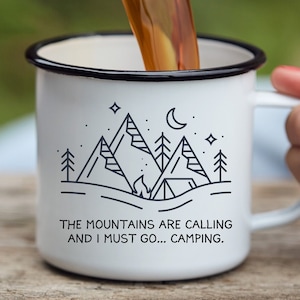 The Mountains are Calling Mug, Tin Camping Mug, One Happy Camper, Enamel Mug Mountain, Dad Camping Mug, Camp Mug Custom, Campfire Mug, Camp