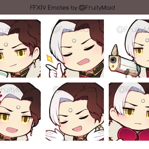 May include: A set of six digital illustrations featuring a cartoon character with different facial expressions. The character has white hair, brown eyes, and is wearing a red and gold outfit. The character is shown with a variety of expressions, including happy, sad, angry, and surprised.