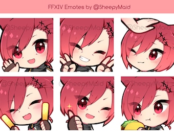 Puede incluir: Un conjunto de seis emoticonos digitales que presentan un personaje de anime de pelo rojo con diferentes expresiones faciales. El personaje lleva un atuendo negro y dorado. Los emoticonos están etiquetados como "FFXIV Emotes by @SheepyMaid".