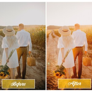 Puede incluir: Una pareja camina por un camino de tierra en un campo de girasoles. La mujer lleva un vestido blanco y un sombrero de paja. El hombre lleva una camisa blanca, pantalones caqui y un sombrero de paja. Ambos llevan cestas.