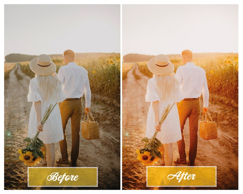 Puede incluir: Una pareja camina por un camino de tierra en un campo de girasoles. La mujer lleva un vestido blanco y un sombrero de paja. El hombre lleva una camisa blanca, pantalones caqui y un sombrero de paja. Ambos llevan cestas.