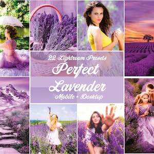 Peut inclure: Un collage d'images sur le thème de la lavande. Les images incluent une femme en robe lavande, un panier de lavande, un champ de lavande et le texte "22 Lightroom Presets Perfect Lavender Mobile + Desktop."