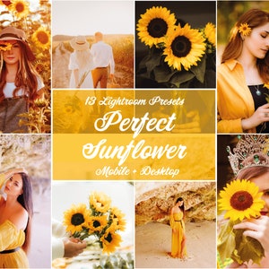 Puede incluir: Un collage de im&aacute;genes con girasoles y personas. El texto "13 Lightroom Presets Perfect Sunflower Mobile + Desktop" est&aacute; en el centro del collage.