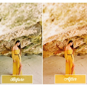 Puede incluir: Una mujer con un vestido amarillo se encuentra de pie bajo una formaci&oacute;n rocosa en una playa. La imagen se divide en dos secciones, mostrando el antes y el despu&eacute;s de una edici&oacute;n de foto.
