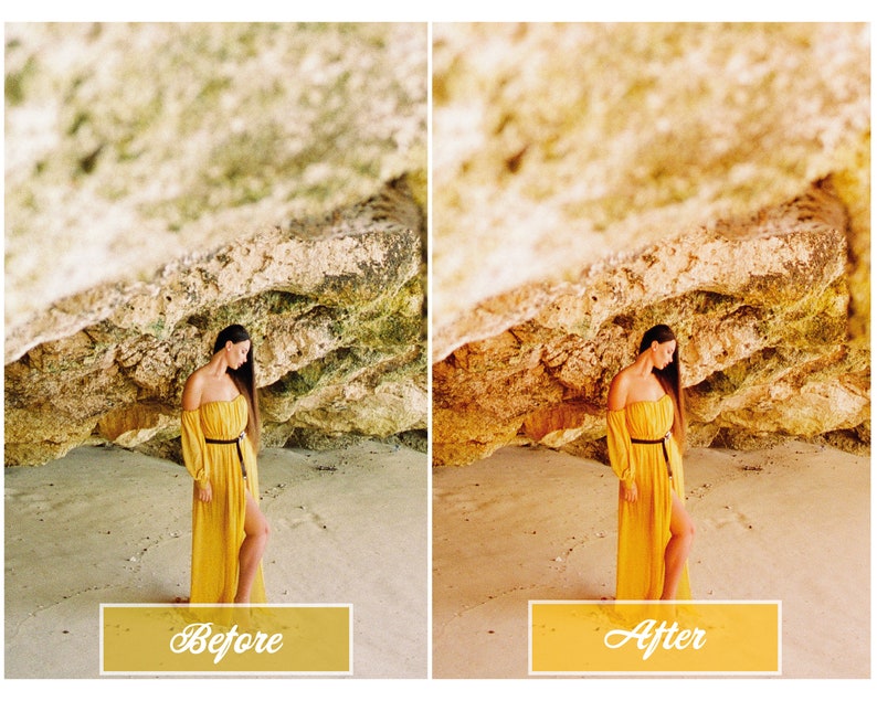 Puede incluir: Una mujer con un vestido amarillo se encuentra de pie bajo una formaci&oacute;n rocosa en una playa. La imagen se divide en dos secciones, mostrando el antes y el despu&eacute;s de una edici&oacute;n de foto.