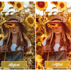 Puede incluir: Una mujer con un sombrero de paja y una camisa blanca con un mono de mezclilla se encuentra en un campo de girasoles. Ella sostiene un girasol frente a su cara.