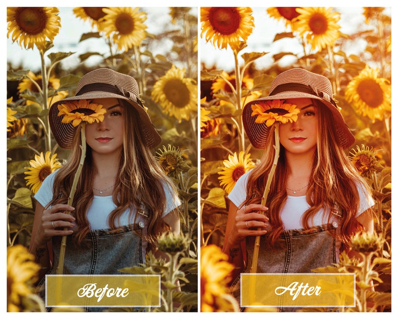 Puede incluir: Una mujer con un sombrero de paja y una camisa blanca con un mono de mezclilla se encuentra en un campo de girasoles. Ella sostiene un girasol frente a su cara.