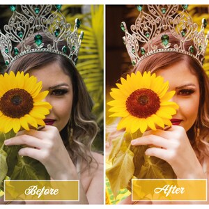 Puede incluir: Una mujer con una corona plateada y verde sostiene un girasol amarillo frente a su rostro. El girasol tiene un centro marr&oacute;n oscuro y p&eacute;talos amarillos. El fondo est&aacute; desenfocado y es verde.