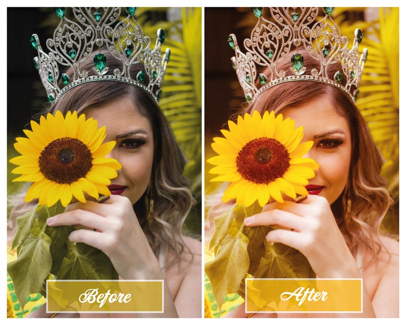 Puede incluir: Una mujer con una corona plateada y verde sostiene un girasol amarillo frente a su rostro. El girasol tiene un centro marr&oacute;n oscuro y p&eacute;talos amarillos. El fondo est&aacute; desenfocado y es verde.