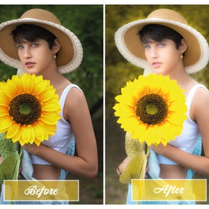 Puede incluir: Una persona joven con un sombrero de paja con una banda blanca y un top blanco sin mangas sostiene un gran girasol amarillo. El fondo es un verde y amarillo borroso.