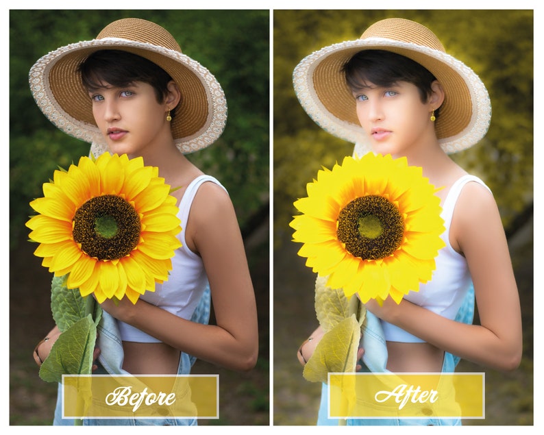 Puede incluir: Una persona joven con un sombrero de paja con una banda blanca y un top blanco sin mangas sostiene un gran girasol amarillo. El fondo es un verde y amarillo borroso.