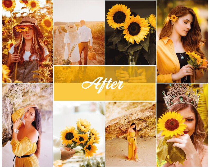 Puede incluir: Un collage de im&aacute;genes con personas y girasoles. Las im&aacute;genes est&aacute;n dispuestas en una cuadr&iacute;cula. La fila superior presenta a una mujer sosteniendo un girasol, una pareja caminando por un sendero y un ramo de girasoles en un jarr&oacute;n. La fila del medio presenta la palabra "Despu&eacute;s" en una pancarta amarilla. La fila inferior presenta a una mujer de pie frente a una formaci&oacute;n rocosa, un ramo de girasoles sostenido por una mano y una mujer sosteniendo un girasol frente a su rostro.