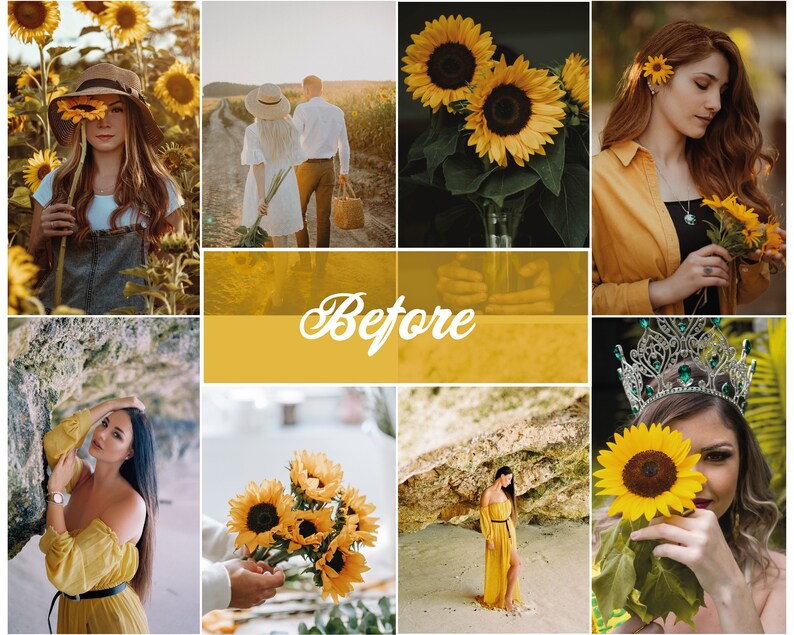 Puede incluir: Un collage de im&aacute;genes con personas que llevan ropa amarilla y sostienen girasoles. Las im&aacute;genes est&aacute;n dispuestas en una cuadr&iacute;cula con la palabra "Antes" en el centro.