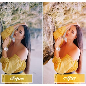 Puede incluir: Una mujer con un vestido amarillo sin hombros posa frente a un acantilado rocoso. La imagen est&aacute; dividida en dos secciones, con el lado izquierdo mostrando la imagen original y el lado derecho mostrando la imagen editada. El texto "Antes" se muestra debajo de la imagen de la izquierda y "Despu&eacute;s" se muestra debajo de la imagen de la derecha.