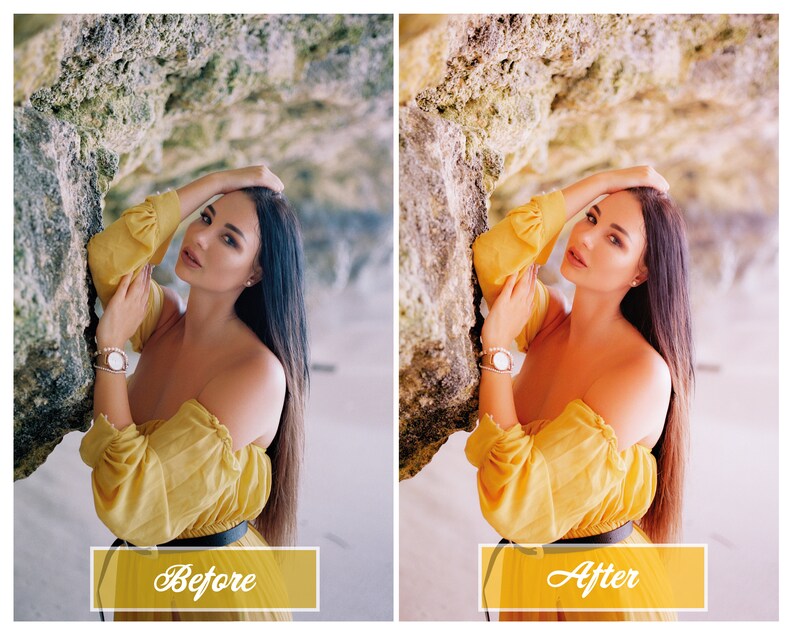 Puede incluir: Una mujer con un vestido amarillo sin hombros posa frente a un acantilado rocoso. La imagen est&aacute; dividida en dos secciones, con el lado izquierdo mostrando la imagen original y el lado derecho mostrando la imagen editada. El texto "Antes" se muestra debajo de la imagen de la izquierda y "Despu&eacute;s" se muestra debajo de la imagen de la derecha.