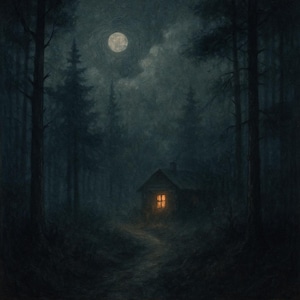 May include: A dark, atmospheric painting of a cabin in a forest at night. The cabin has a warm, inviting light emanating from its windows. A full moon shines brightly in the sky above the trees, casting a soft glow over the scene.