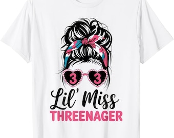 Little Miss Threenager 3rd Birthday Shirt Girls Messy Bun Birthday Tee