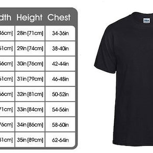 May include: Black crew neck t-shirt with a size chart. The chart shows measurements for sizes S to 5XL, including width, height, and chest sizes in inches and centimeters. The t-shirt is plain and has short sleeves.