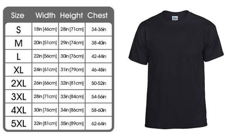 May include: Black crew neck t-shirt with a size chart. The chart shows measurements for sizes S to 5XL, including width, height, and chest sizes in inches and centimeters. The t-shirt is plain and has short sleeves.