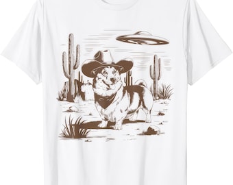 UFO Corgi Alien Cowboy Dog Western Vintage 90s Wild West Funny Shirt Tee