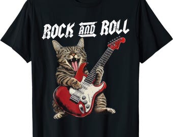 Rock And Roll Cat Guitar Music Lover Band Guitarist Shirt Funny Cat Tee