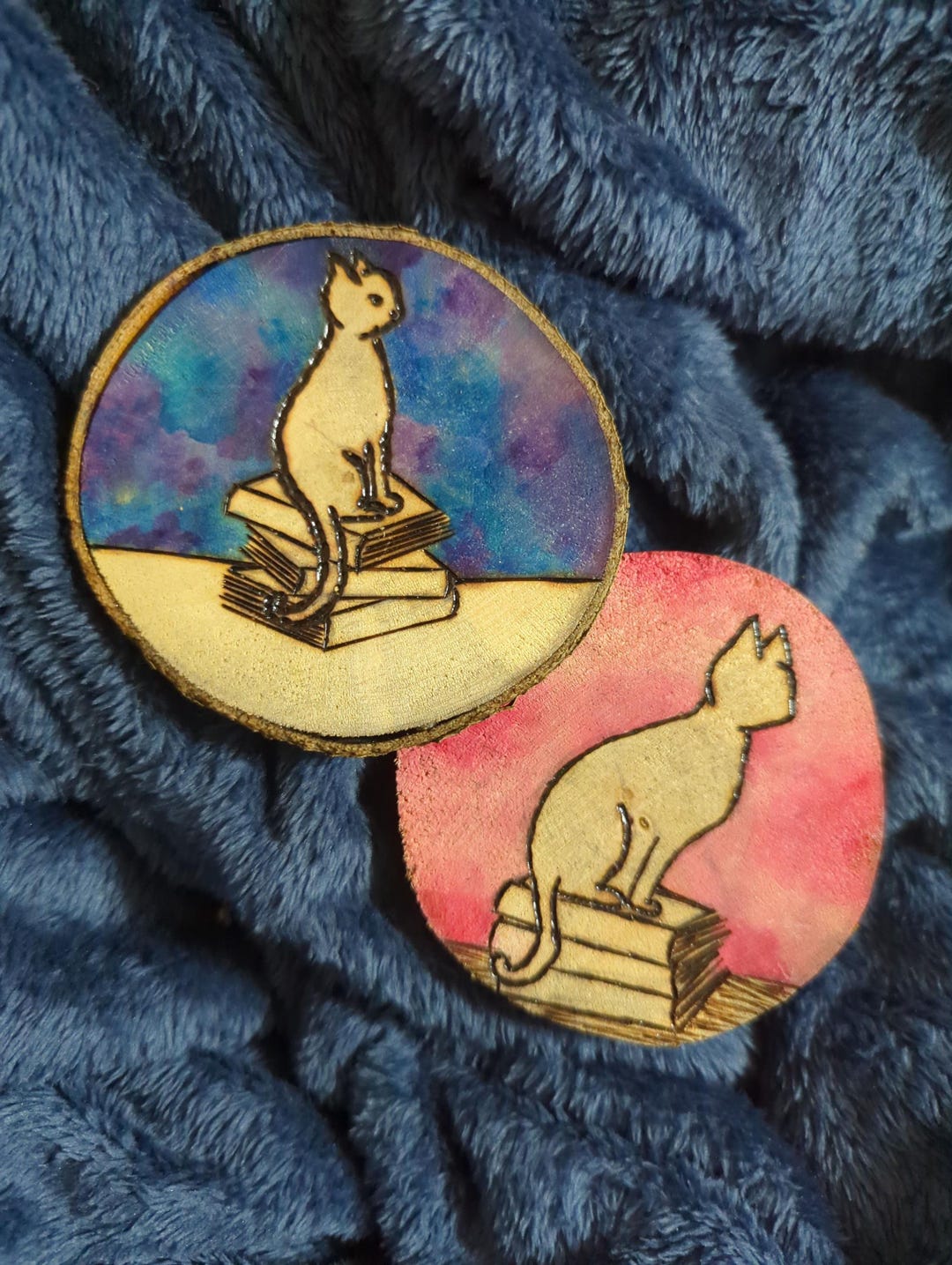 Wood Burned Cat & Books Magnet: Watercolor Book Lover Gift - Etsy