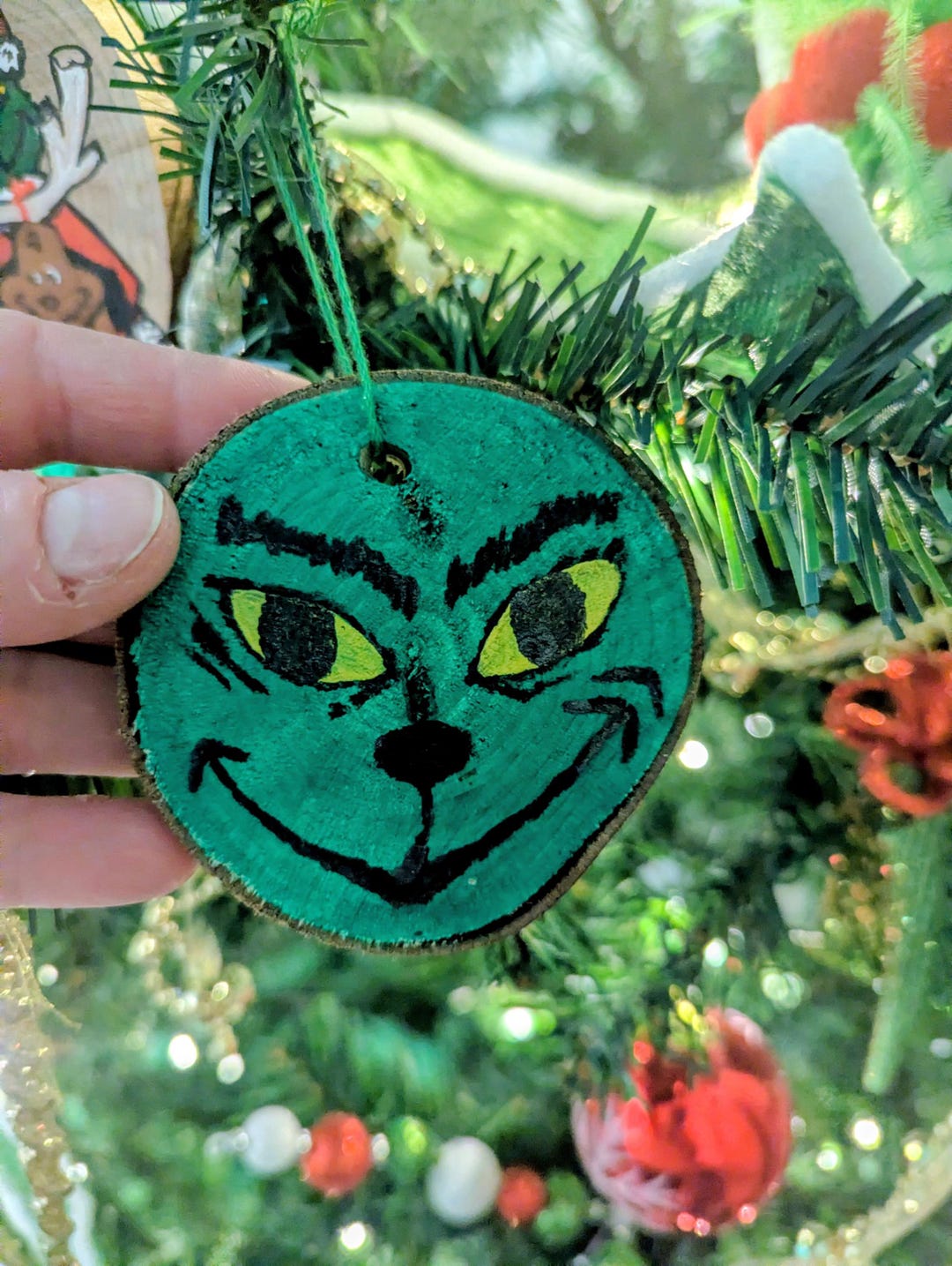 Slice Rinch Grinch Ornament - Hand Painted Wood Slice, How the Grinch Stole ...