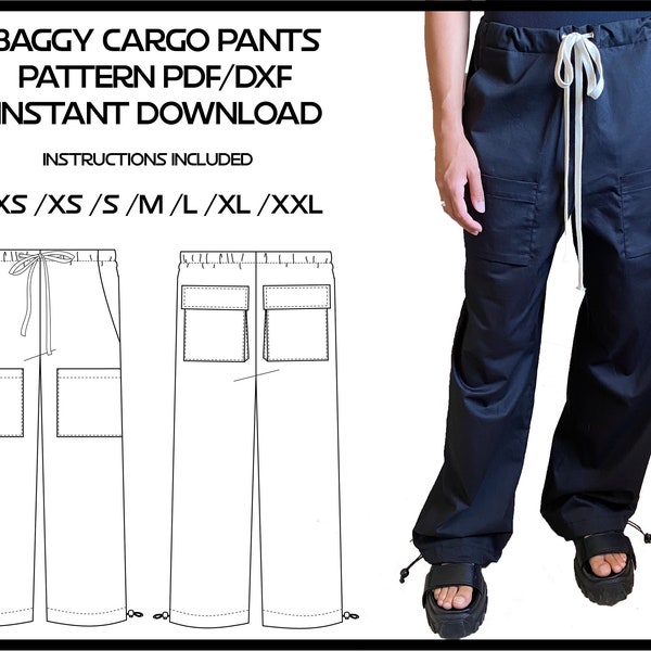 Baggy Cargo Parachute Pant Pattern, Oversized Streetwear Y2k Style, Instant PDF Download, dxf available, sizes XXS - XXL