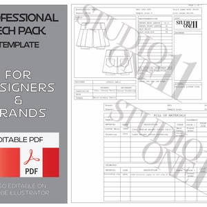 Fashion Tech Pack Template - 7 pages of professional technical package for designers and brands, Spec sheet, Bill of Materials and more