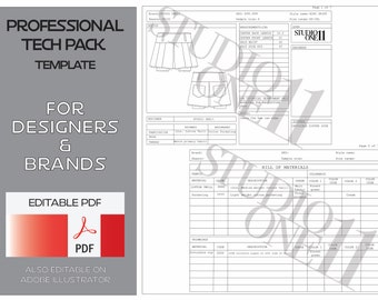 Fashion Tech Pack Template - 7 pages of professional technical package for designers and brands, Spec sheet, Bill of Materials and more