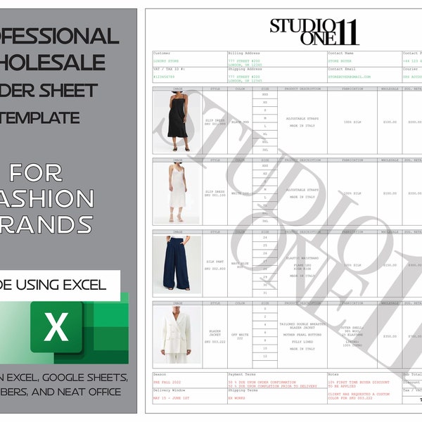 Wholesale Order Sheet Form, Directly editable on Excel, Instant Download .XLXS, Fashion Clothing Brand