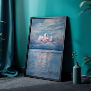 Stampa artistica, arredamento per la casa, regalo, camera da letto e soggiorno, inaugurazione della nuova casa, pastello, nuvole sull'acqua, oceano, estate, riflesso
