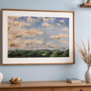 Stampa artistica, arredamento per la casa, regalo, camera da letto e soggiorno, inaugurazione della nuova casa, opera d'arte, paesaggio, cielo, nuvole, blu, montagne